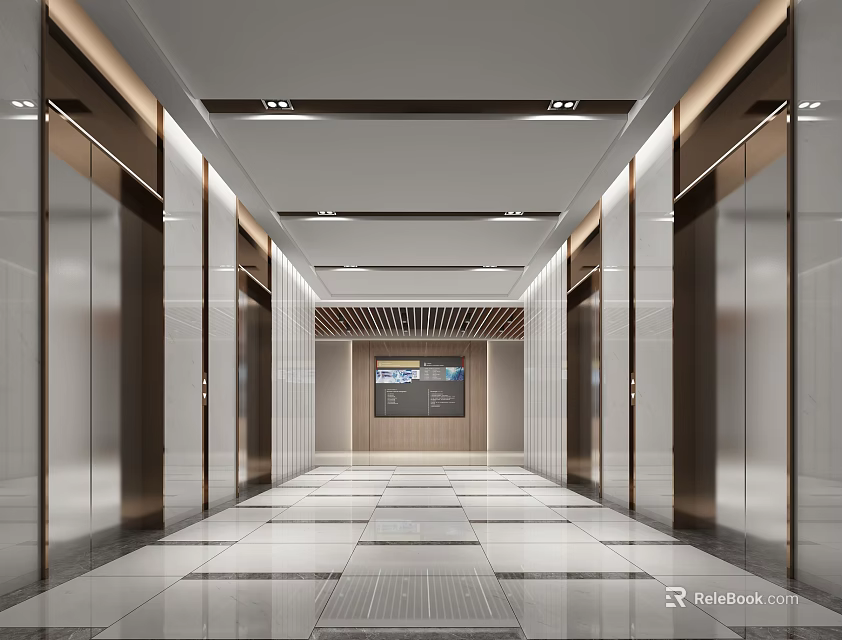 Modern Elegant Elevator Hallway Interior With Recessed Lighting Marble Flooring And Sleek Elevator Doors 3d model 