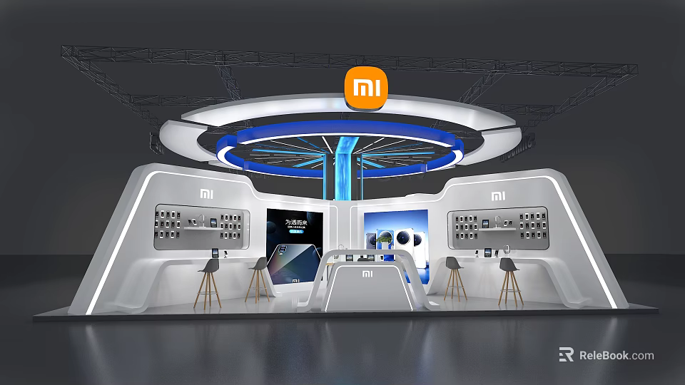 Xiaomi Mall Store Modern Tech Display With Circular Ceiling Blue Lighting Display Counters And Stools 3d model 