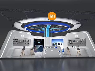 Xiaomi Mall Store Modern Tech Display With Circular Ceiling Blue Lighting Display Counters And Stools 3d model
