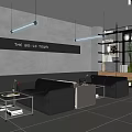 Modern Cafe Interior With Black White Sofas Grid Wall Hanging Lights Plants And Large Window 3d model
