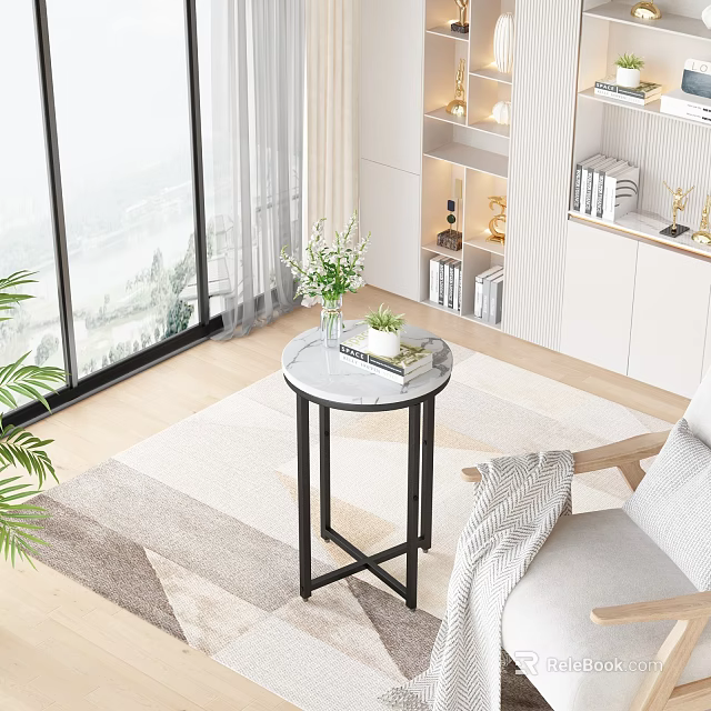 Modern Sofa and Round Marble Coffee Table Set with Green Plant Bookshelf and Area Rug 3d model 