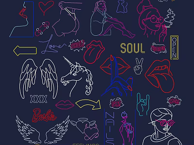 Colorful Decorative Neon Lights With Lips Wings Unicorn And Soul Text Design Elements 3d model