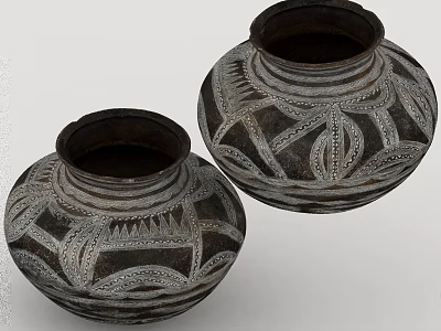 Decorative Ornament Set Pair of Ceramic Vases with Intricate Geometric Carved Designs 3d model