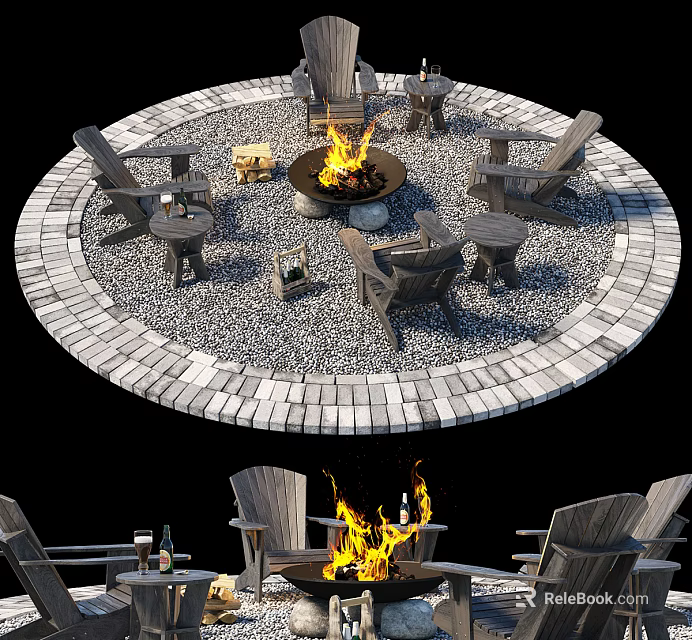 Outdoor Table Setup With Circular Paver Area Fire Pit And Wooden Chairs 3d model