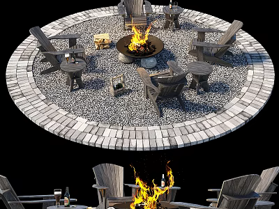 Outdoor Table Setup With Circular Paver Area Fire Pit And Wooden Chairs 3d model