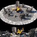 Outdoor Table Setup With Circular Paver Area Fire Pit And Wooden Chairs 3d model