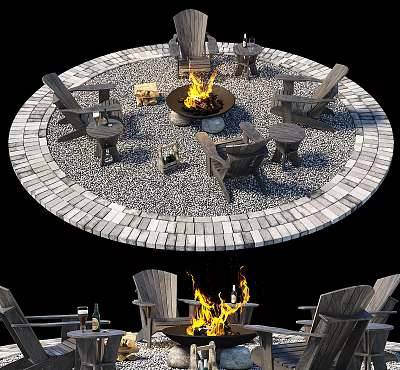 Outdoor Table Setup With Circular Paver Area Fire Pit And Wooden Chairs 3d model
