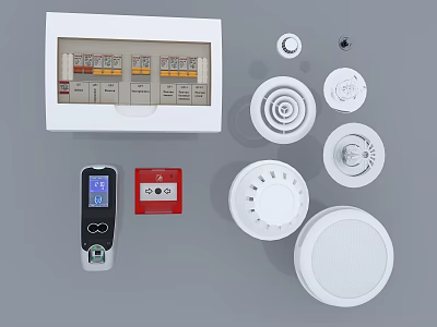 Security and Electrical Devices Including Distribution Box Smoke Detectors Emergency Button And Control Panel 3d model