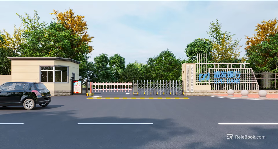 Automatic Entrance Gate With Security Booth And Green Trees Along Driveway 3d model 