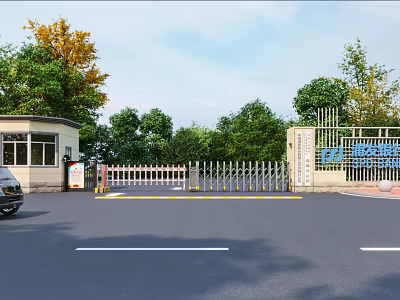 Automatic Entrance Gate With Security Booth And Green Trees Along Driveway 3d model