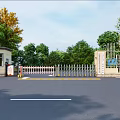 Automatic Entrance Gate With Security Booth And Green Trees Along Driveway 3d model