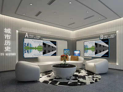 Modern Lounge Area With City History Wall Displays And Comfortable Sofa Seating 3d model
