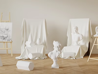 Artistic Drawing Materials Setup With Easel Covered Canvas Plaster Statues And Geometry Models 3d model