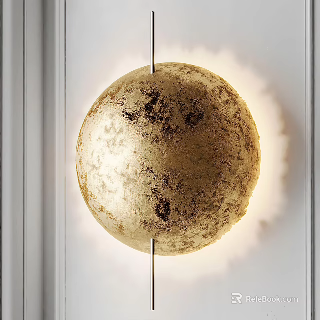 Golden Spherical Wall Light With Moon Surface Texture Mounted On White Wall 3d model