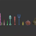 Festive Decorative Objects Including Candy Cane Shovel Fork Green Bottle Pumpkin And Apple