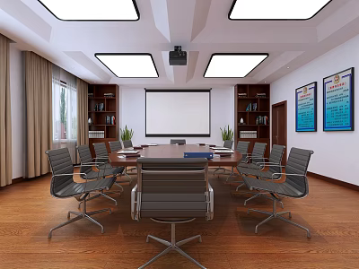 Modern Conference Room With Long Table Projection Screen Chairs Bookshelves And Ceiling Lights 3d model