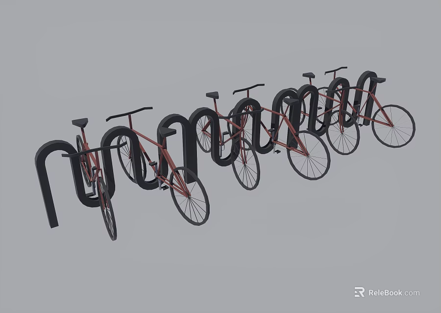 Red Bicycles Parked on Black Bike Racks in a Row 3d model 