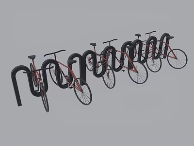 Red Bicycles Parked on Black Bike Racks in a Row 3d model