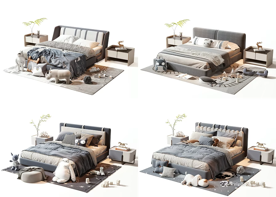 Modern Double Bed Interior With Cozy Bedding Pillows Nightstands Rugs And Plants 3d model 