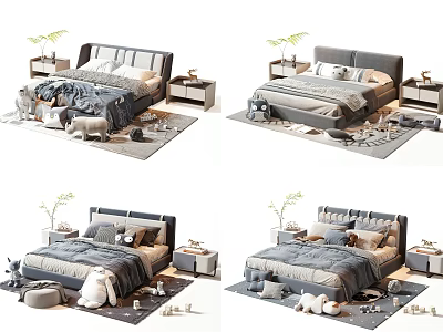 Modern Double Bed Interior With Cozy Bedding Pillows Nightstands Rugs And Plants 3d model