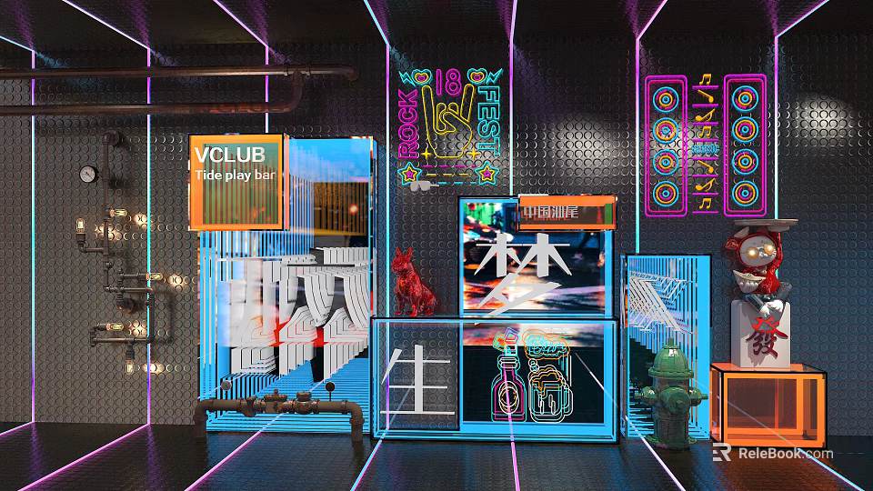 VCLUB Play Hub Interior With Neon Signs Retro Futuristic Decor And Arcade Elements 3d model 