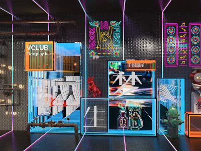 VCLUB Play Hub Interior With Neon Signs Retro Futuristic Decor And Arcade Elements 3d model