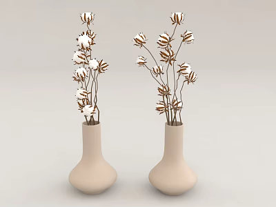 Decorative Bonsai Potted Plant Display With Two Beige Vases And Cotton Branches 3d model