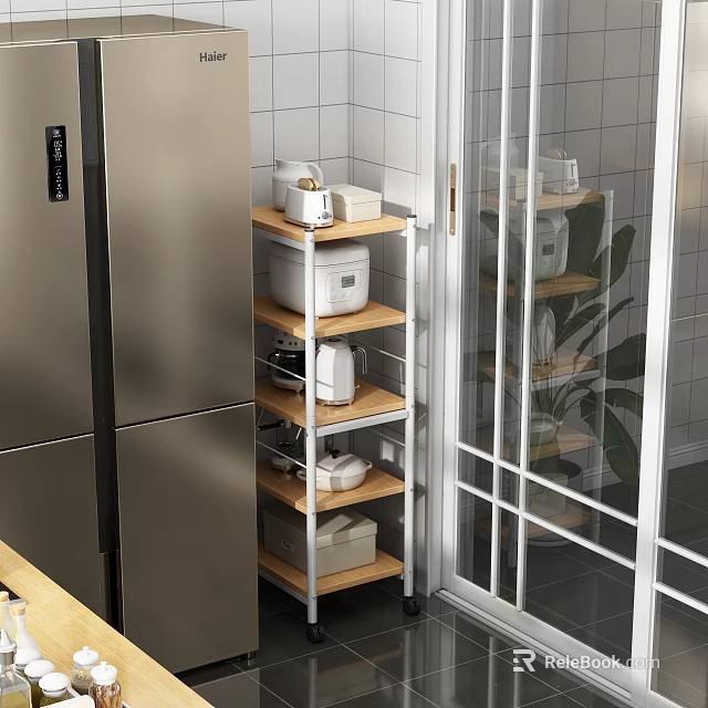Multi Tier Storage Shelf Wooden Metal Frame In Modern Kitchen Next To Stainless Steel Refrigerator 3d model 