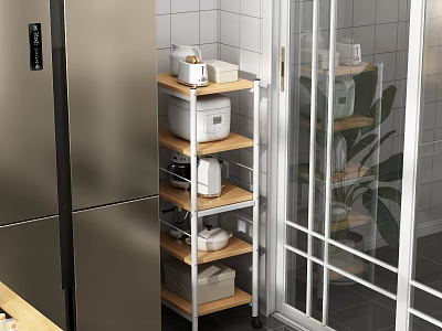 Multi Tier Storage Shelf Wooden Metal Frame In Modern Kitchen Next To Stainless Steel Refrigerator 3d model