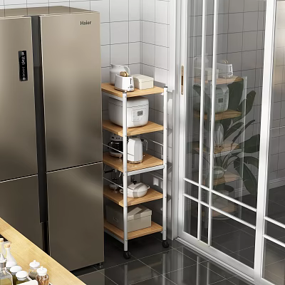 Multi Tier Storage Shelf Wooden Metal Frame In Modern Kitchen Next To Stainless Steel Refrigerator 3d model