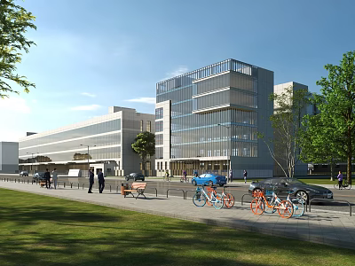 Modern Office Building Glass Facade Design With Green Lawn Trees Bicycles And Pedestrians 3d model