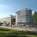 Modern Office Building Glass Facade Design With Green Lawn Trees Bicycles And Pedestrians