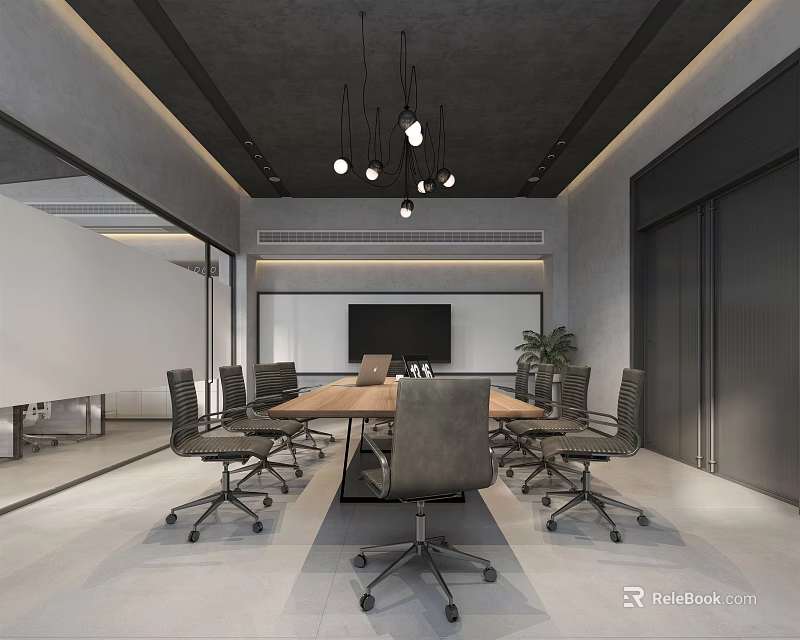 Modern Conference Room Interior With Long Table Wheeled Chairs And Pendant Lights 3d model 
