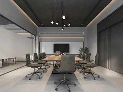 Modern Conference Room Interior With Long Table Wheeled Chairs And Pendant Lights 3d model