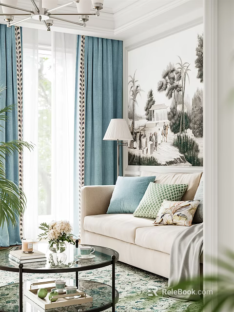 White Two Seater Sofa With Throw Pillows Light Blue Curtains Plant And Wall Mural 3d model 