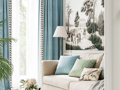 White Two Seater Sofa With Throw Pillows Light Blue Curtains Plant And Wall Mural 3d model