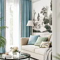 White Two Seater Sofa With Throw Pillows Light Blue Curtains Plant And Wall Mural