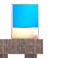 Abstract Blue and Brown Painting Wall Hanging with Dark Cabinet and White Lampshade Lamp