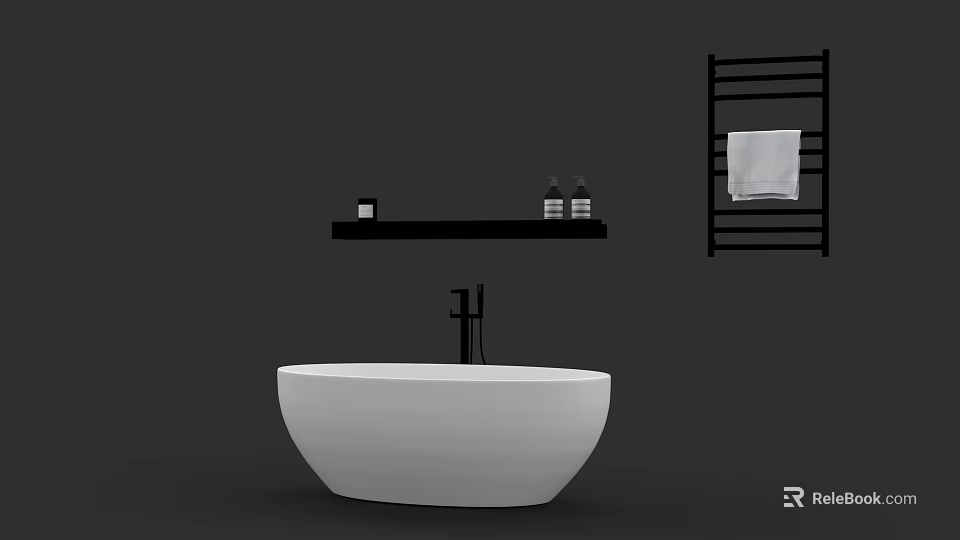 Bathroom Accessories With Modern White Bathtub Black Shelf Toiletries And Towel Rack 3d model 