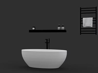 Bathroom Accessories With Modern White Bathtub Black Shelf Toiletries And Towel Rack 3d model