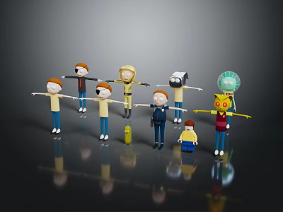 Decorative Cartoon Character Toys In Various Poses With Hats Bags And Small Yellow Model 3d model