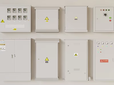 Multiple White Electrical Control Panels with Warning Triangles Buttons Indicator Lights 3d model