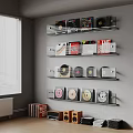 Audio Speaker in Room Corner with Vinyl Records CD and Wall Mounted Shelves
