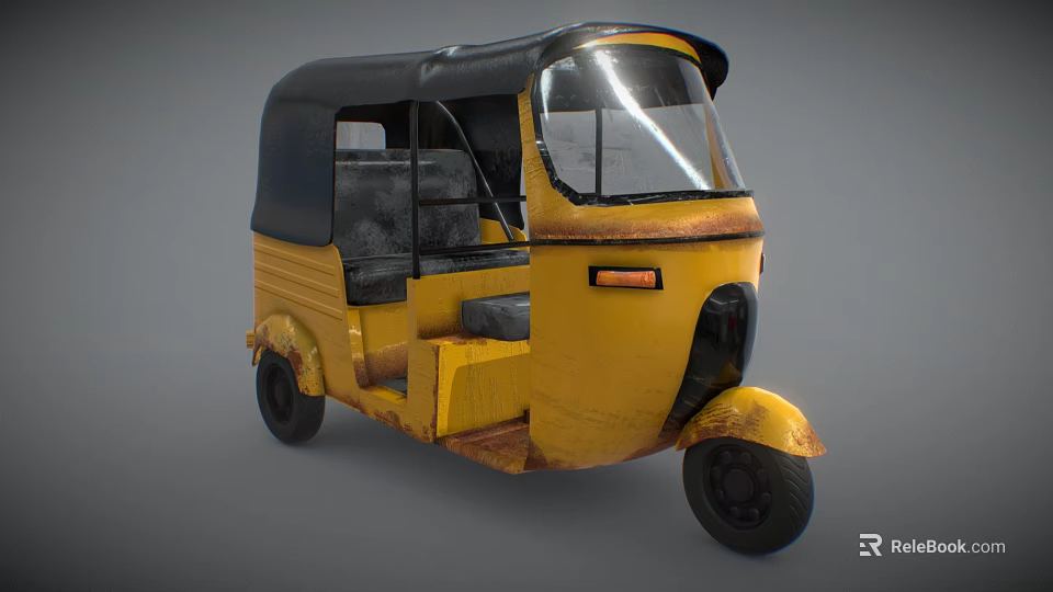 Vintage Yellow and Black Auto Rickshaw With Black Canopy Front Windshield and Wheels 3d model 