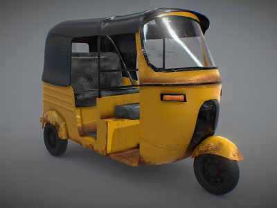 Vintage Yellow and Black Auto Rickshaw With Black Canopy Front Windshield and Wheels 3d model