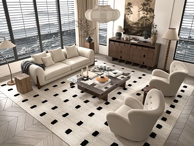 Modern Living Room Sofa and Coffee Table Set With Beige Armchairs Black White Checkered Rug 3d model