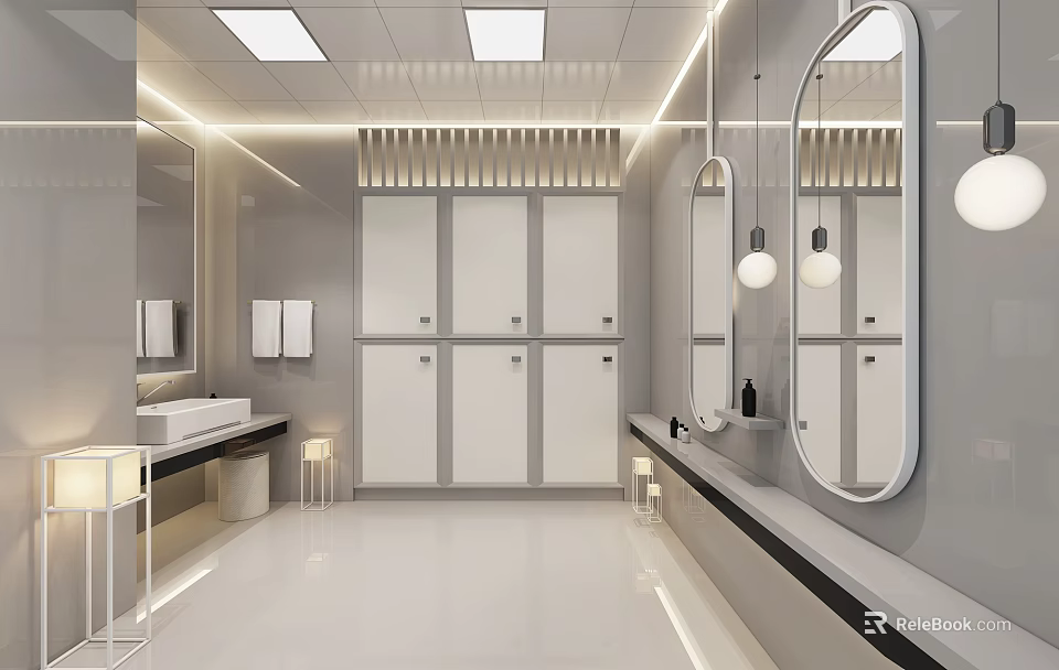 Modern Pantry Interior Design With White Cabinets Mirrors And Recessed Lighting 3d model 