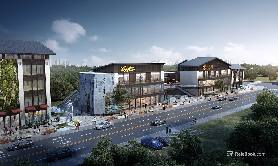 Chinese Architecture Commercial Street Featuring Modern Traditional Blend Shops Pedestrians Vehicles And Greenery 3d model 