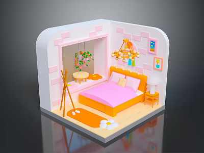 Mini Room Model Interior Scene With Pink Bed Orange Furniture Window Plant And Wall Paintings 3d model