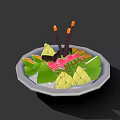Assorted Food Platter Featuring Sliced Mango Sushi Rolls Boiled Eggs Green Veggies Chopsticks On Ice